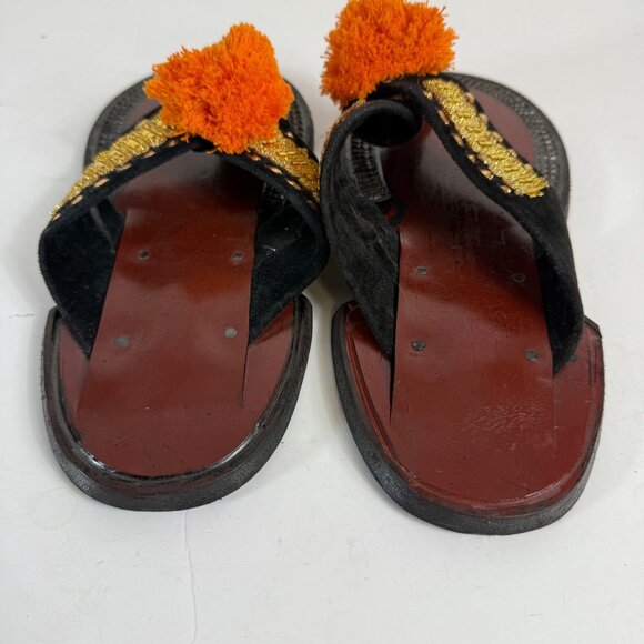 Traditional Ethnic Ahenema Sandals Size 8 Leather Slippers Orange Pom Ghanaian - Picture 13 of 16
